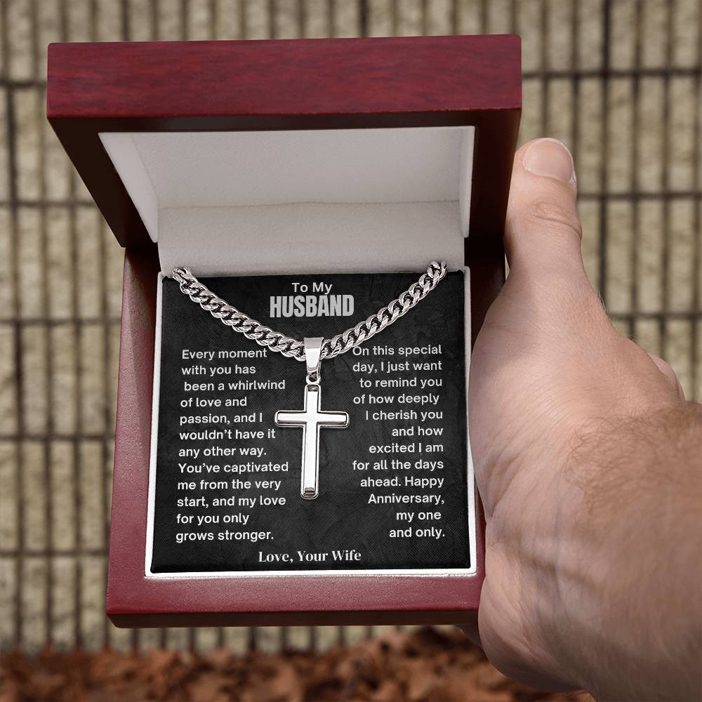 To My Husband- Whirlwind Of Love - Cuban Chain with Artisan Cross Necklace.