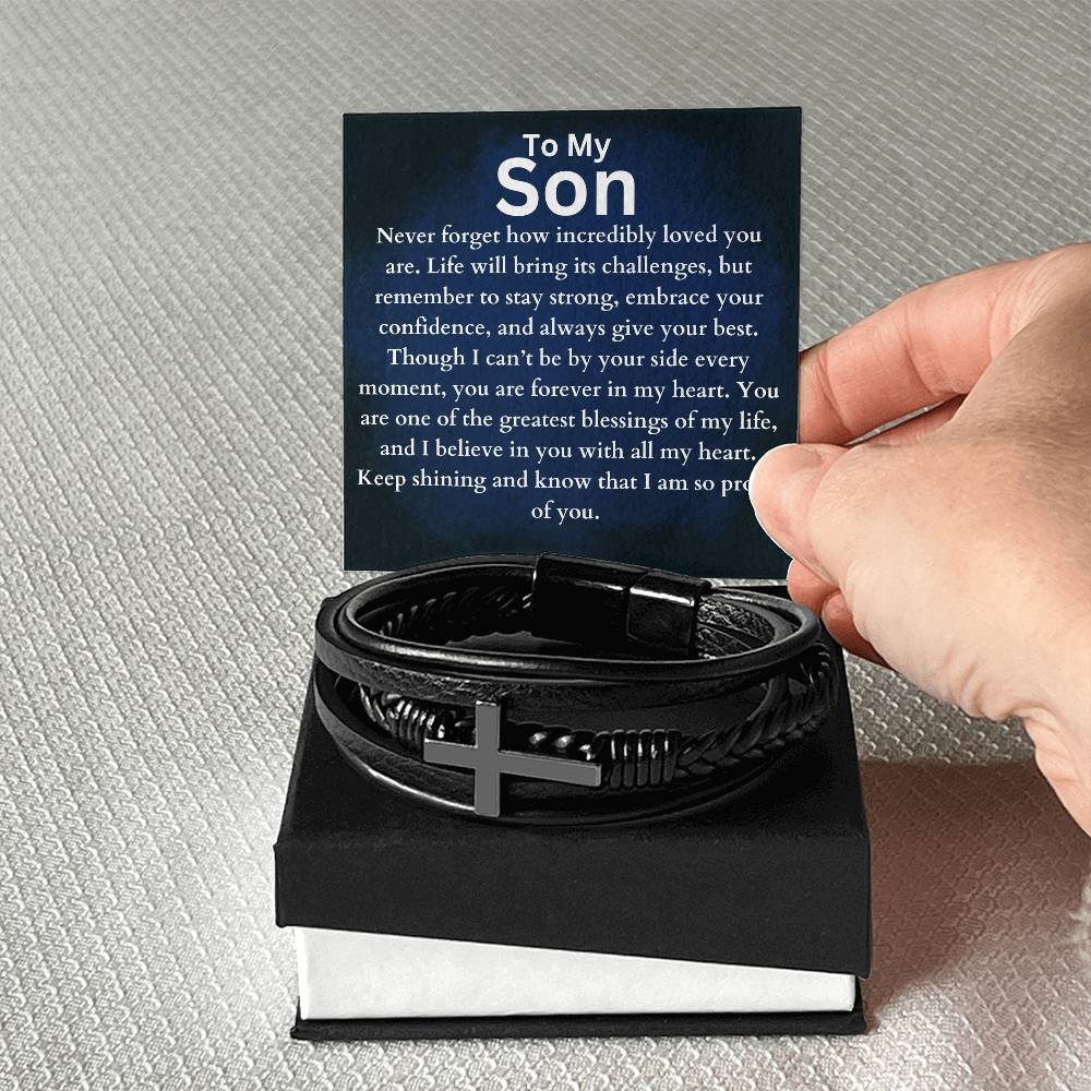 To My Son - Forever In My Heart - Cross Leather Bracelet