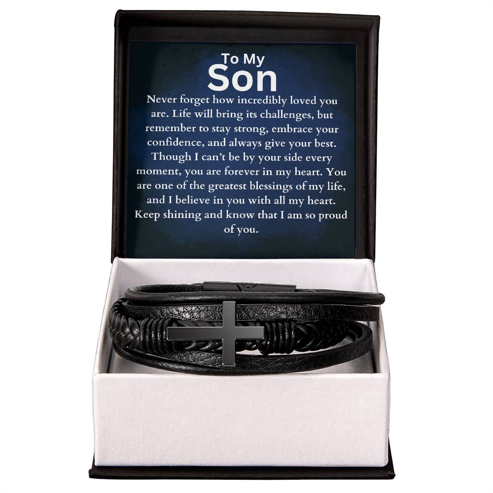 To My Son - Forever In My Heart - Cross Leather Bracelet