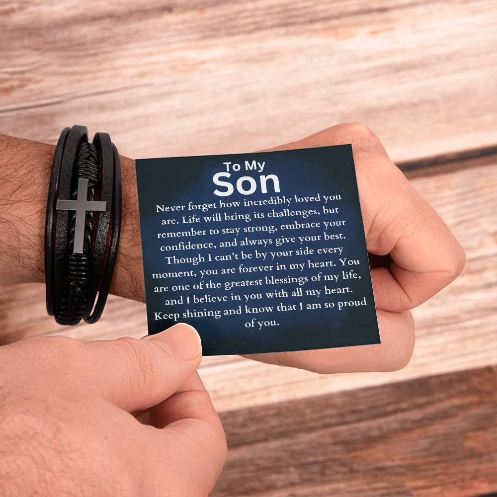 To My Son - Forever In My Heart - Cross Leather Bracelet