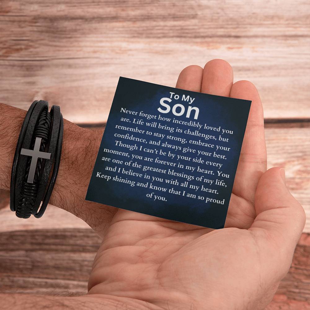 To My Son - Forever In My Heart - Cross Leather Bracelet