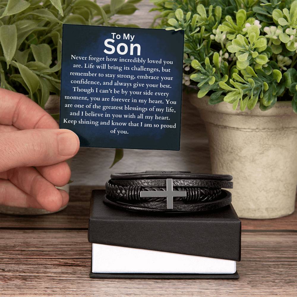 To My Son - Forever In My Heart - Cross Leather Bracelet