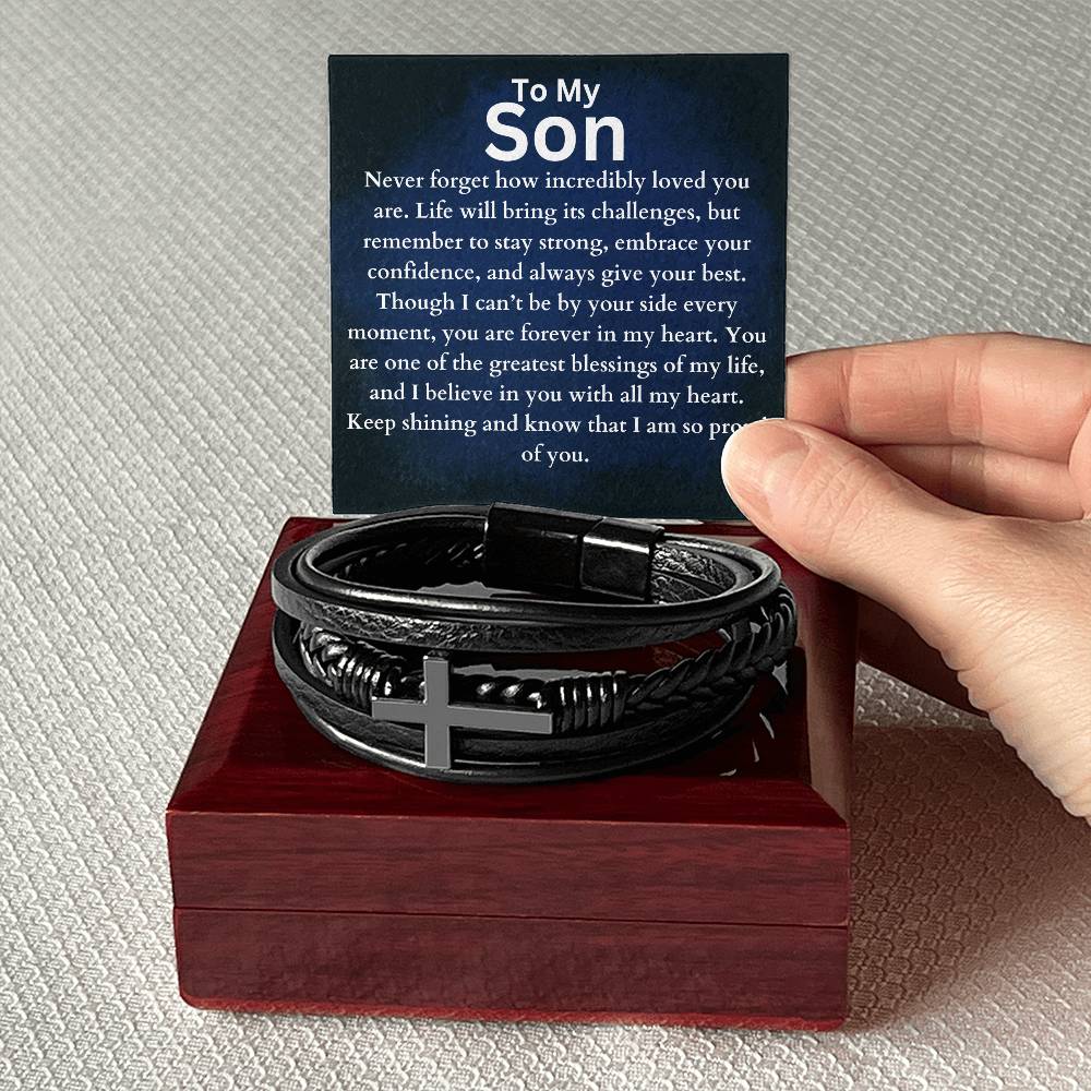 To My Son - Forever In My Heart - Cross Leather Bracelet