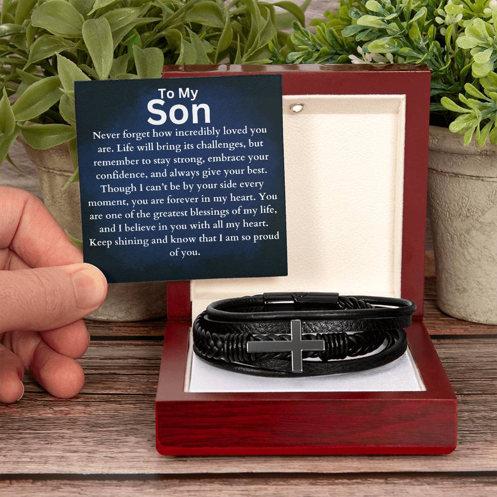 To My Son - Forever In My Heart - Cross Leather Bracelet