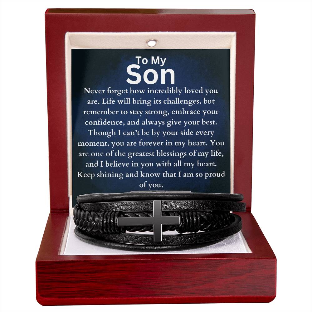 To My Son - Forever In My Heart - Cross Leather Bracelet